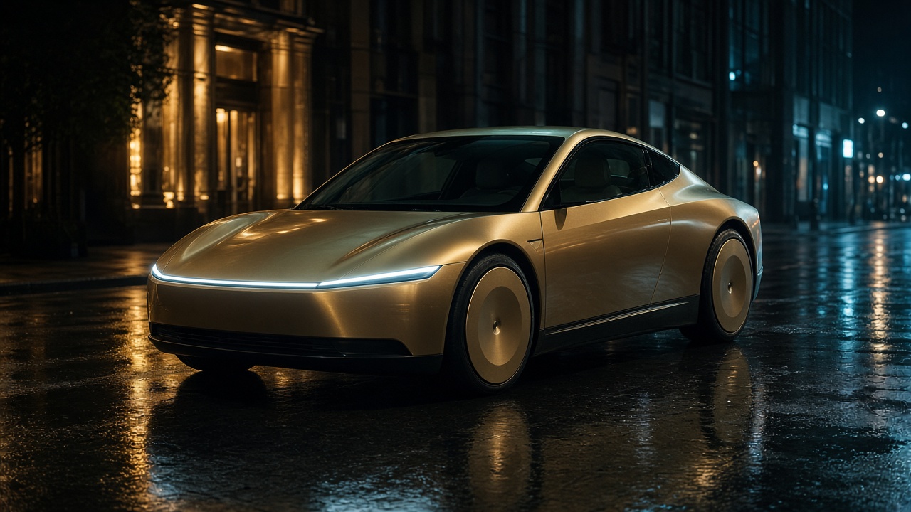 A gold Tesla Cybercab, a two-seat vehicle with no side mirrors, parked on a rain-slick city street at night